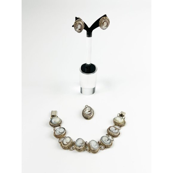 Vintage Silver Abalone Shell Cameo Set Bracelet Earrings Pendant Parure - Picture 1 of 12